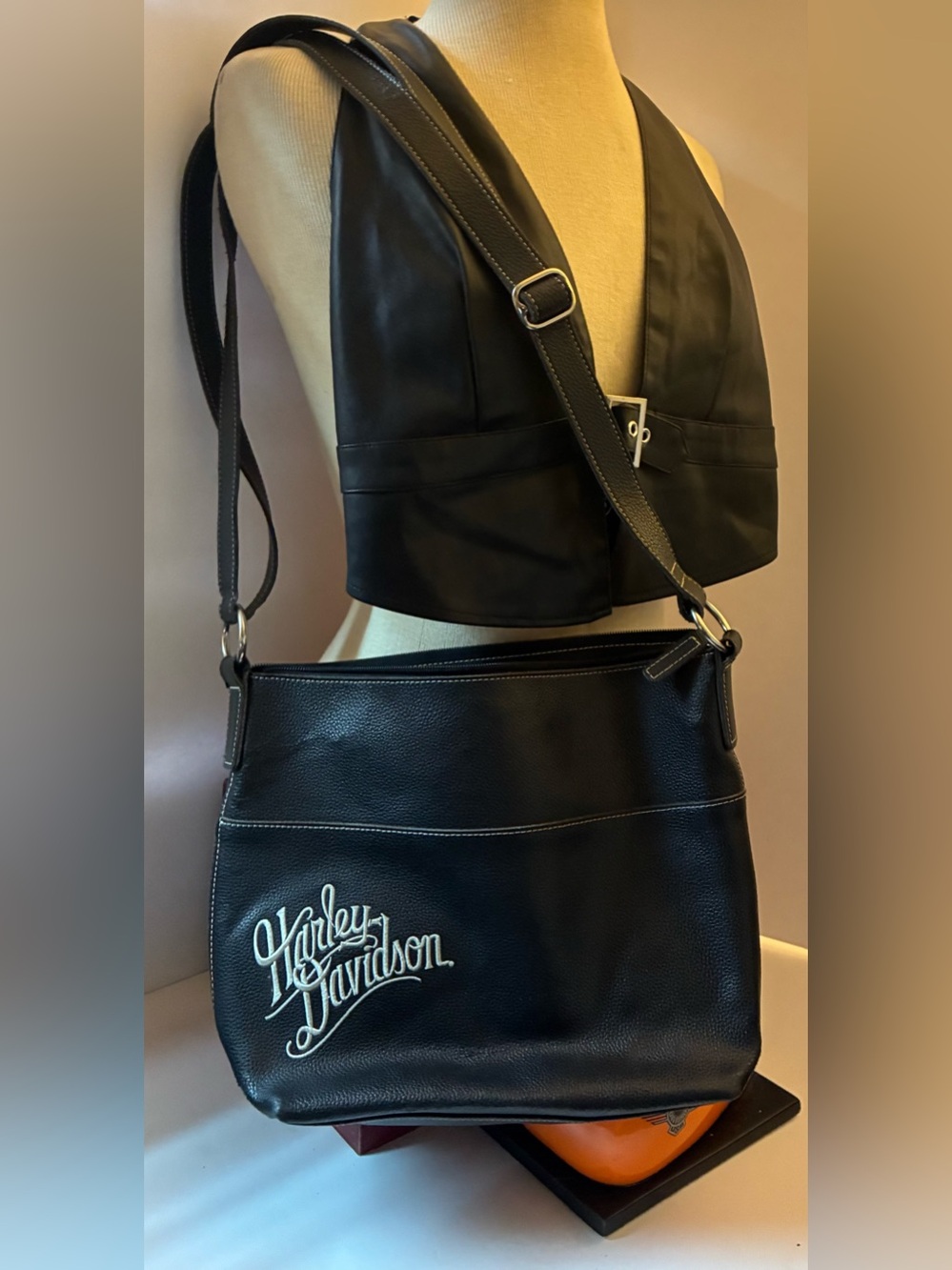 Harley-Davidson Black Leather Shoulder Bag with White Script Logo
